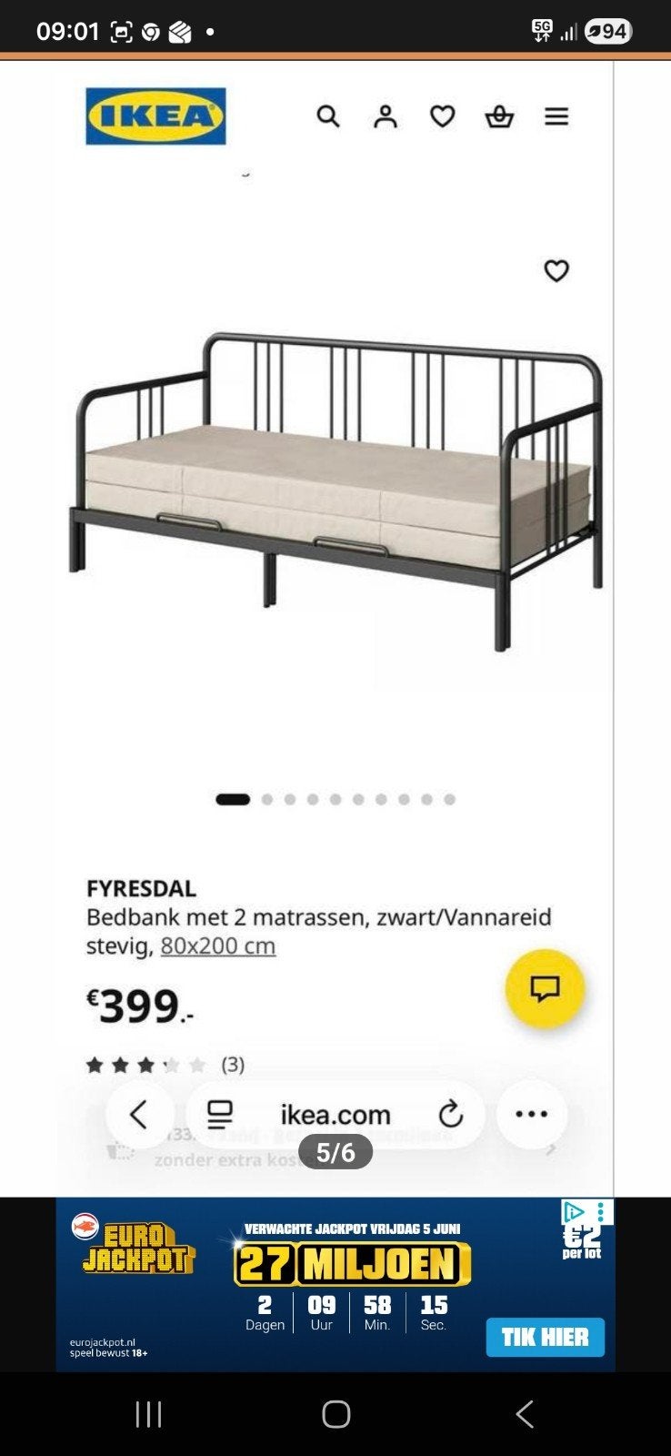 Fyresdal bedbank, Gebruikt, Eenpersoons, Wit, Ophalen of Verzenden