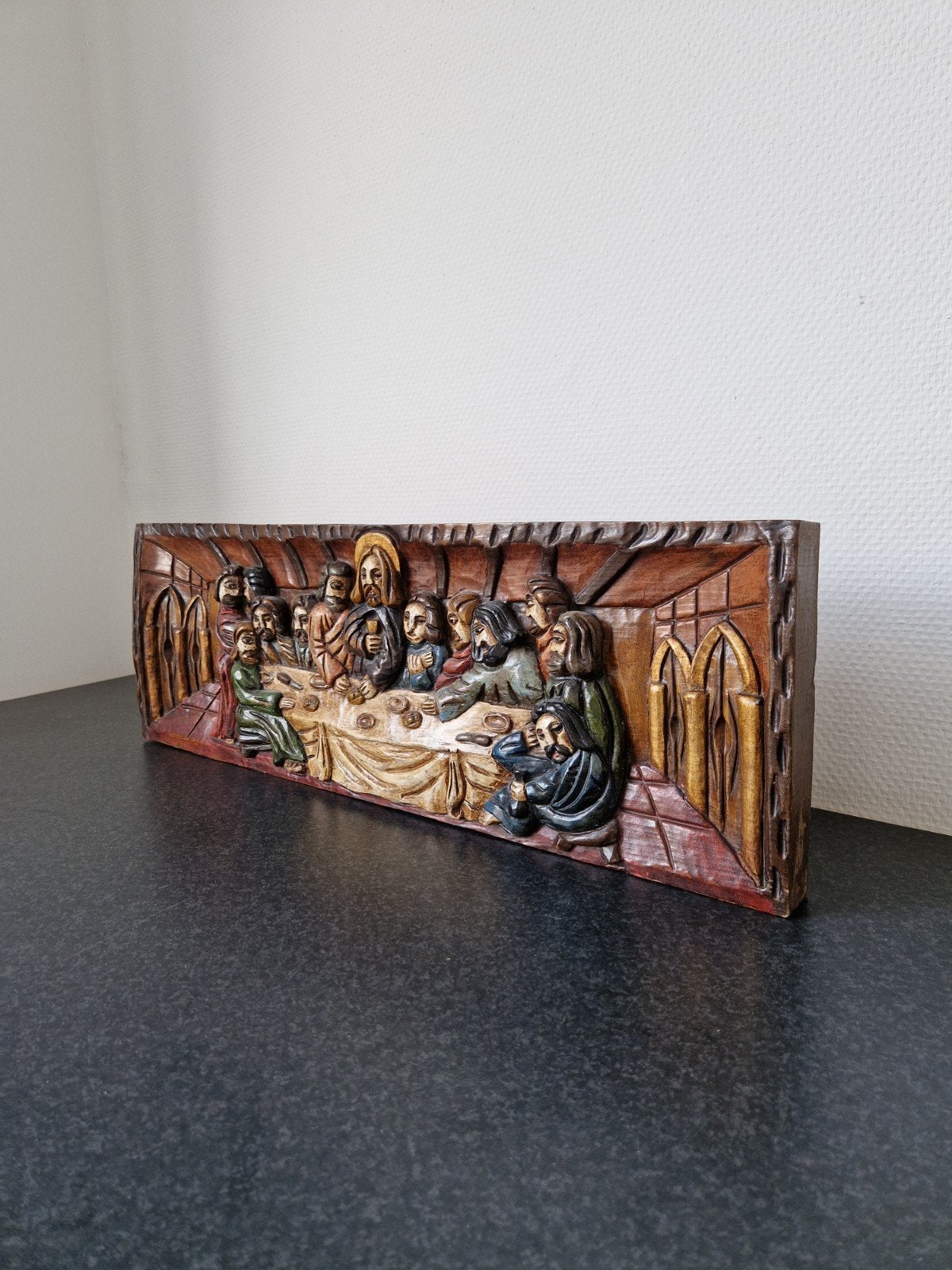 Het laatste avondmaal houtrelief mooie kleuren., Antiek en Kunst, Ophalen of Verzenden