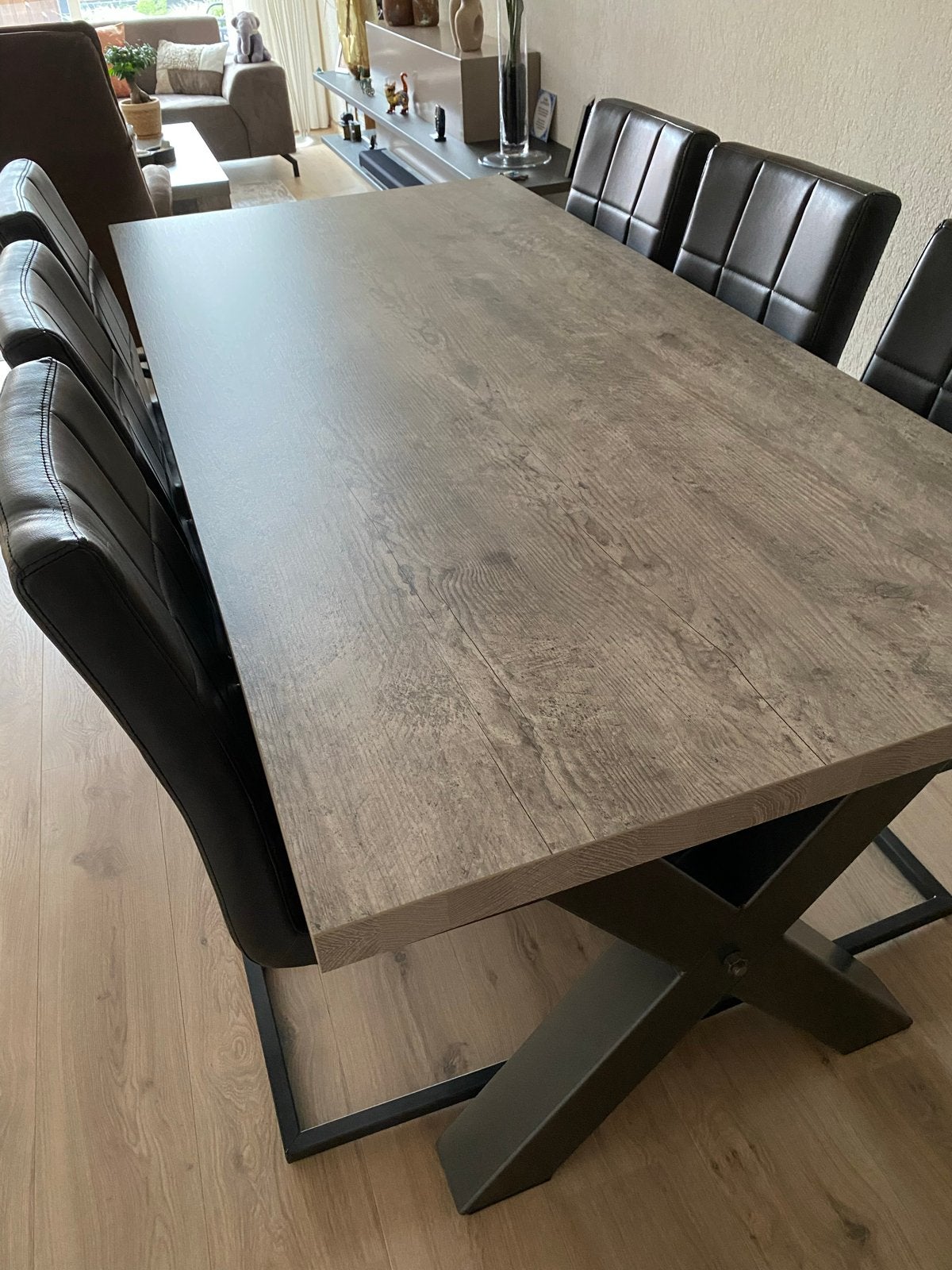 Salon- en eettafel met 6 stoelen - Melamine & Leatherlook, Ophalen, Kunststof, 50 tot 100 cm, Zo goed als nieuw