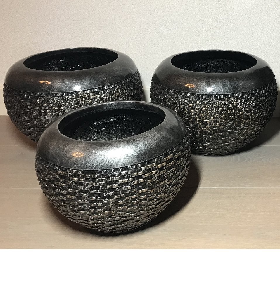 3 ronde Baq Luxe Lite bronze bloempotten, Ophalen, Zo goed als nieuw, Met patroon/structuur, Kunststof