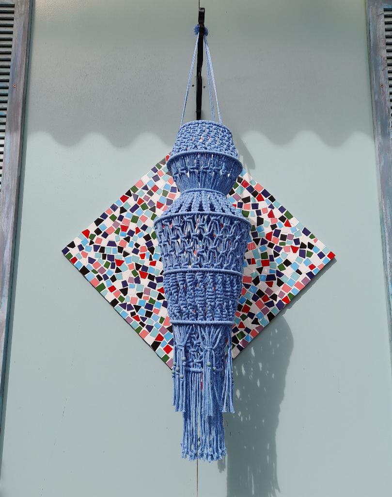 Lampion kroonluchter macrame blauw 80 cm, Ophalen of Verzenden, Nieuw