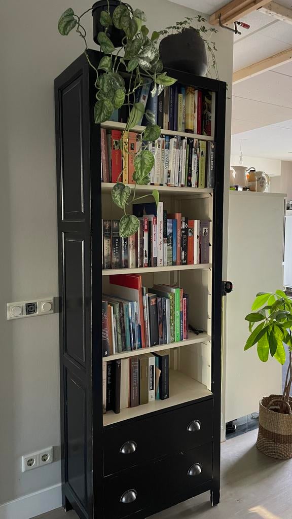 Zwarte boekenkast met lades - Klassieke stijl, Gebruikt, 200 cm of meer, Met lade(s), 25 tot 50 cm
