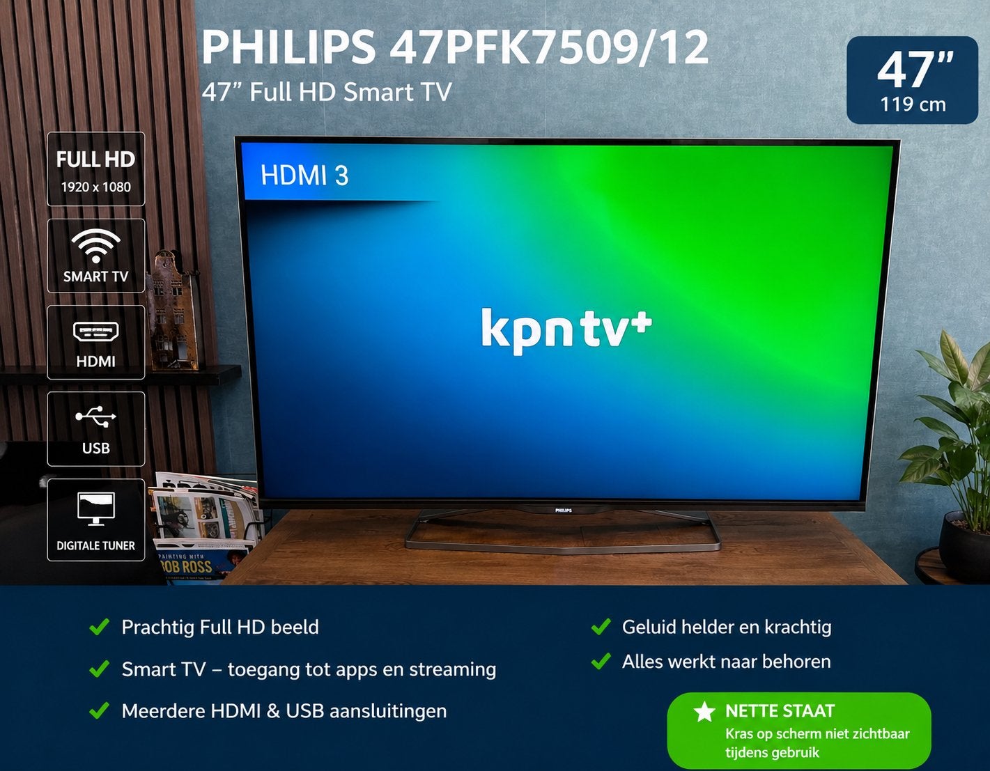 Philips 47PFK7509/12 Smart TV Ambilight, Ophalen, Philips, 50 Hz, 100 cm of meer
