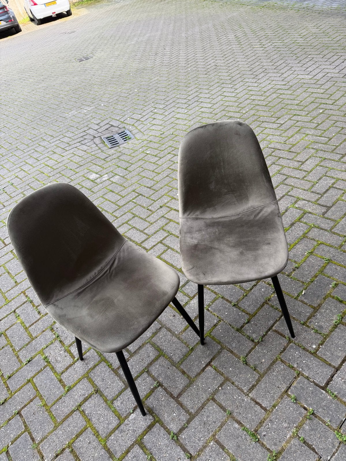 Set van 2 fluwelen eetkamerstoelen - leger groen, Gebruikt, Twee, Overige kleuren, Ophalen of Verzenden