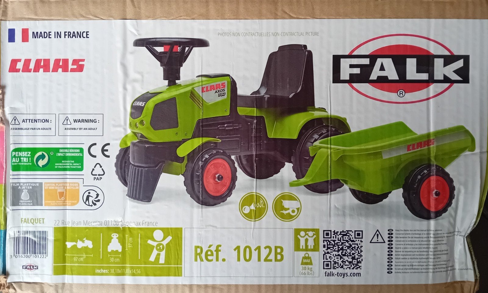 Nieuwe Falk Claas Axos 340 loopauto met aanhanger, 22 Rue Jean Mermoz, 01100 Oyonnax, France, Nieuw, Ophalen of Verzenden, Falk Toys