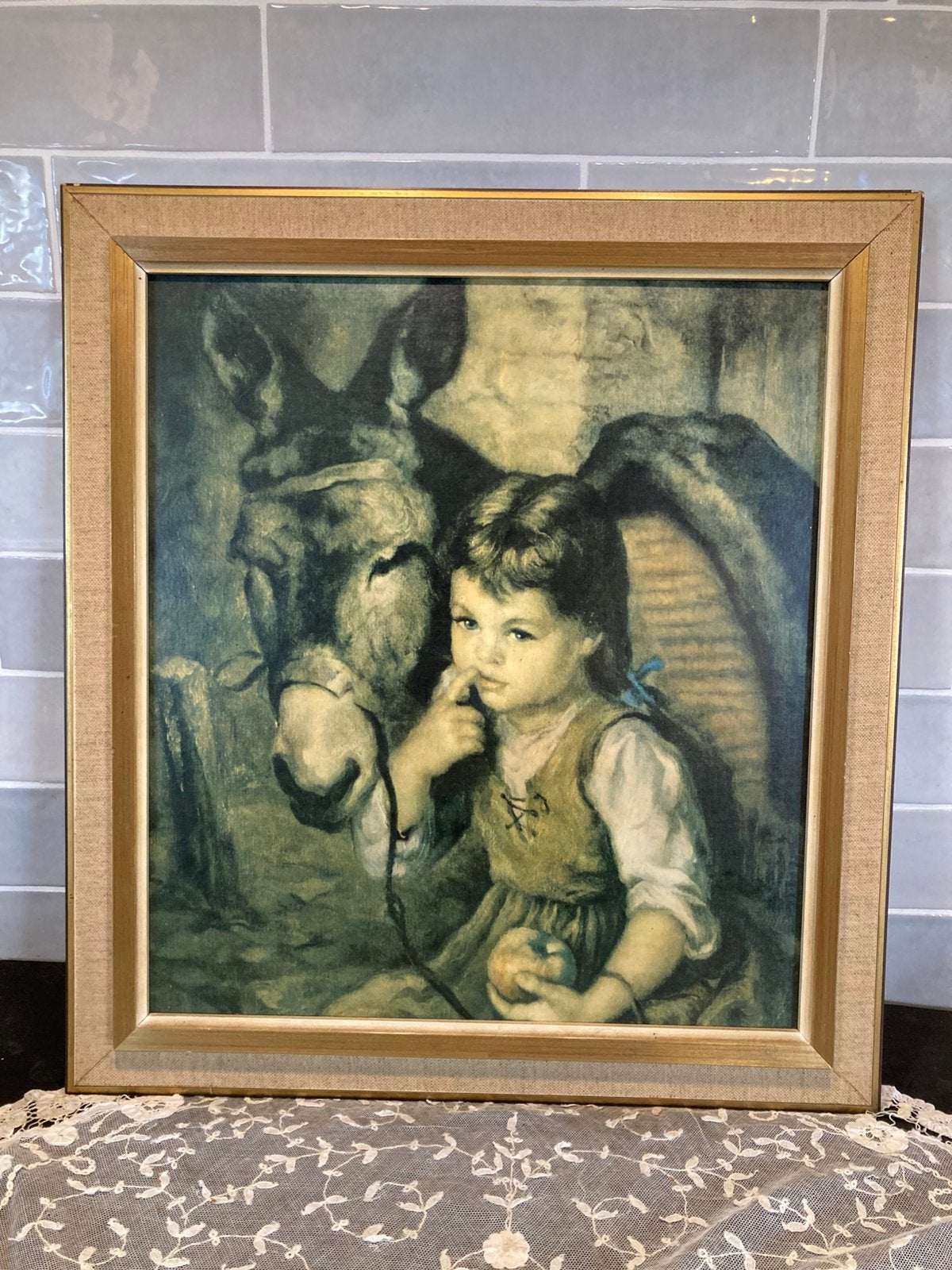 Vintage prent meisje met ezel (240725s), Ophalen of Verzenden, Gebruikt