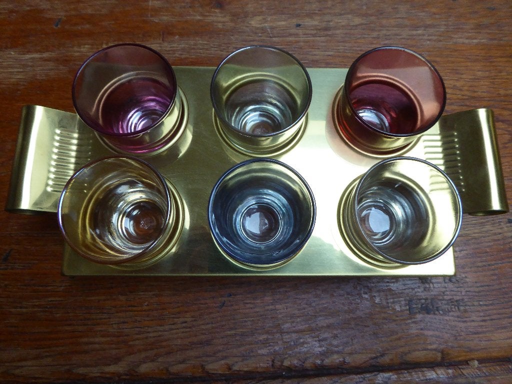 6 vintage borrelglaasjes in houder, Ophalen of Verzenden