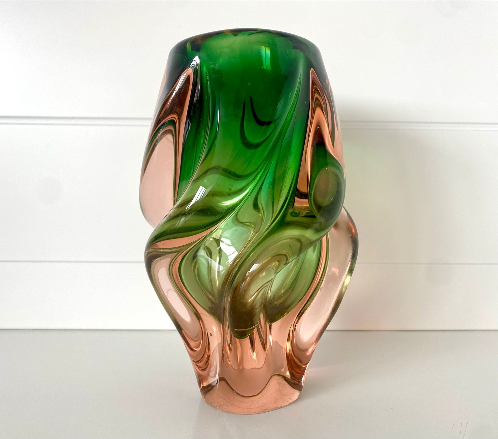 Vintage Murano Glas Swirl Vaas Groen Roze, Ophalen of Verzenden