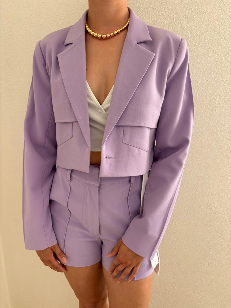 Costes lila pak: short & cropped blazer (XS/S), Kostuum of Pak, Paars, Ophalen of Verzenden, Zo goed als nieuw