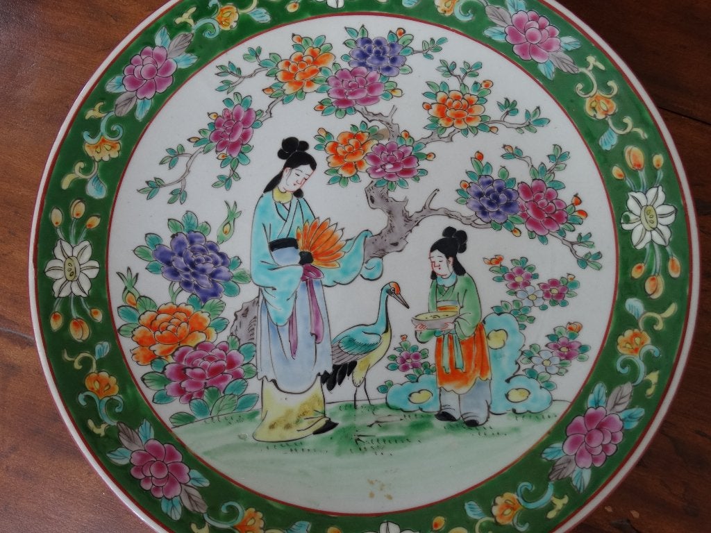 Porseleinen schaal, schotel, vrouw, dochter, kraanvogel, Ophalen of Verzenden