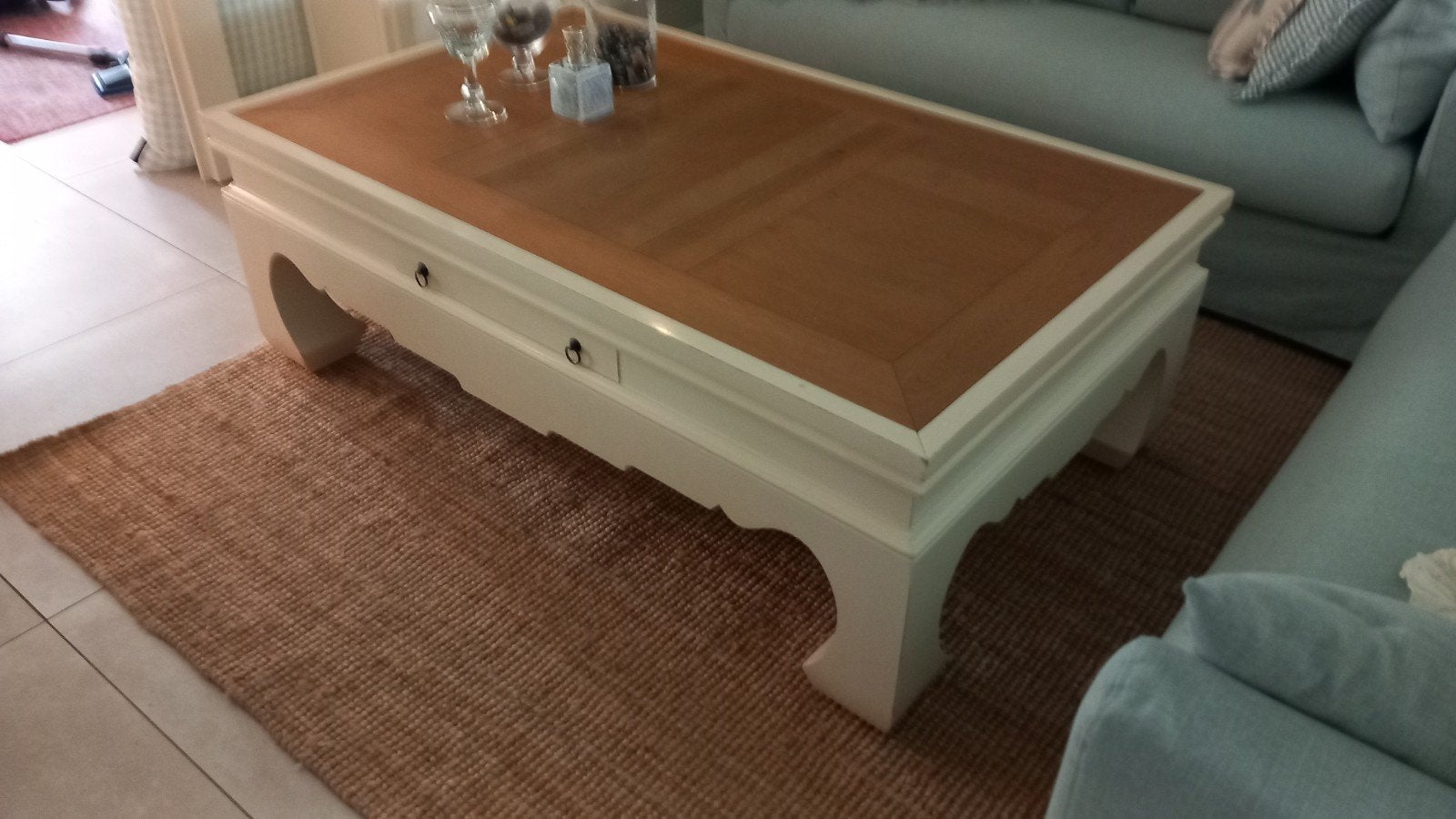 Salontafel Rofra, massief eiken blad, 2 lades, 150x90x51 cm, Huis en Inrichting, Ophalen