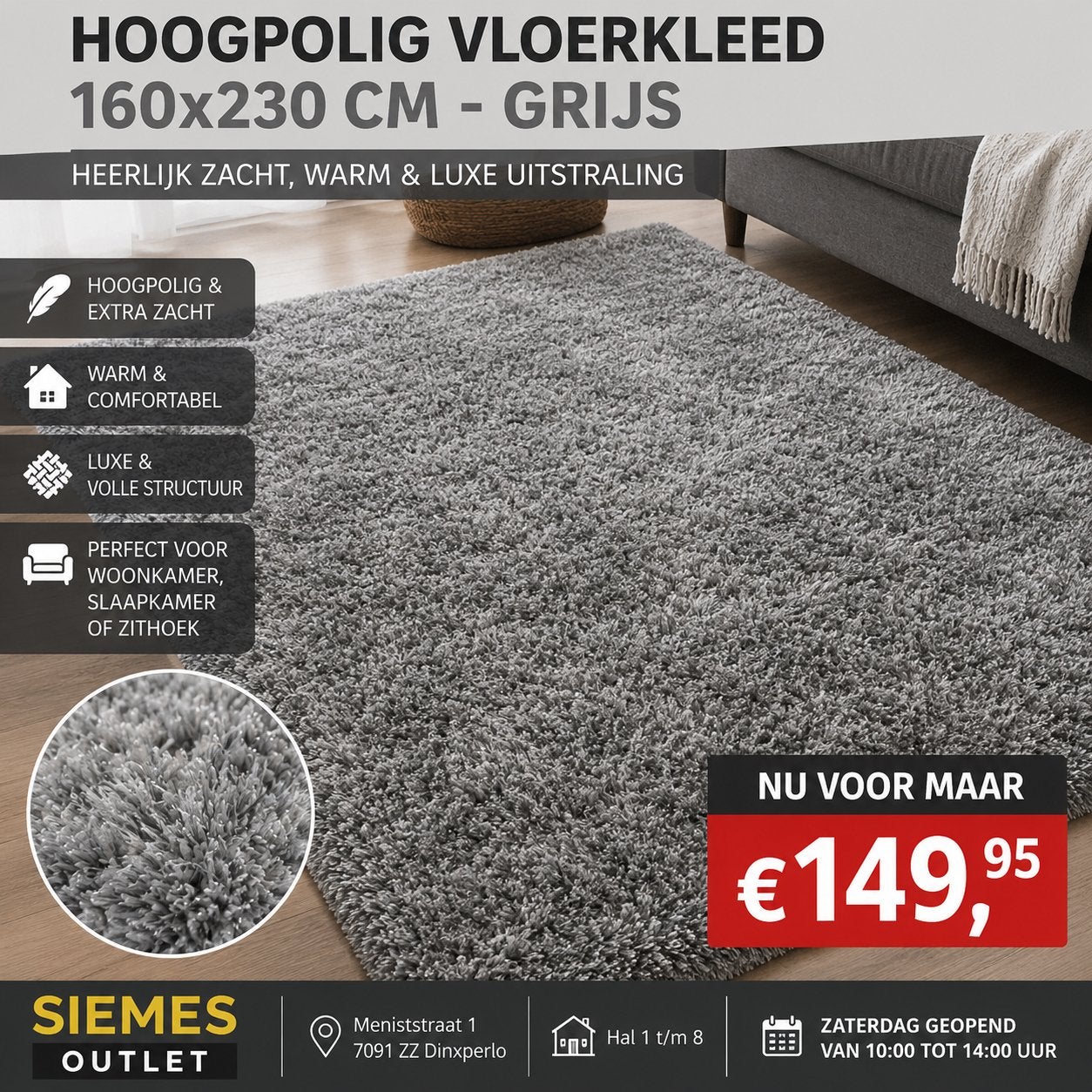 Hoogpolig vloerkleed grijs 160x230 cm – NIEUW, Ophalen, 150 tot 200 cm, Grijs, Rechthoekig