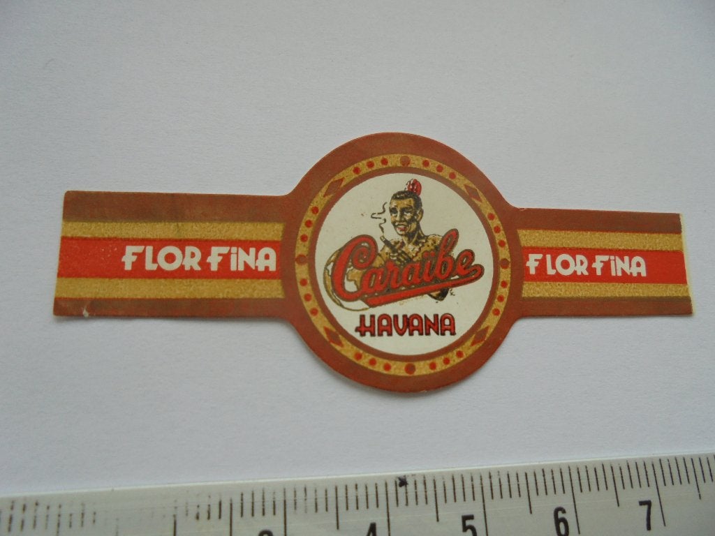 Oude sigarenband Caraïbe Havana Flor Fina met rokende man, Ophalen of Verzenden, Zo goed als nieuw, Sigarenbandjes