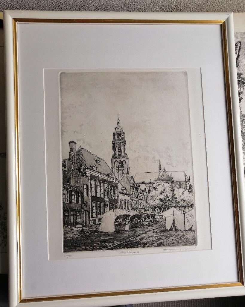 Ets Jan van Rijsewijk Arnhem Groote Markt 1933 Gesigneerd, Antiek en Kunst, Kunst | Etsen en Gravures, Ets, Ingelijst, Ophalen of Verzenden