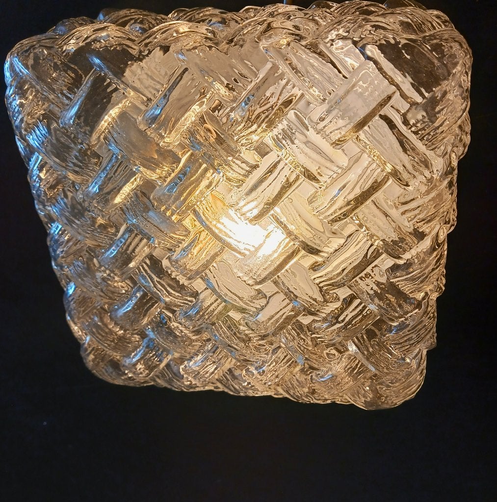 Vintage Vierkant Gevlochten IJsglas Plafonnière / Jaren 70, Gebruikt, Glas, Mid-century modern, E27 (groot)