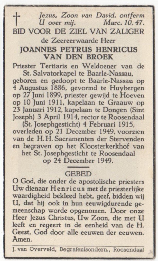pastoor Joannes vd Broek 1886 Baarle-Nassau +1949 Roosendaal, Verzenden