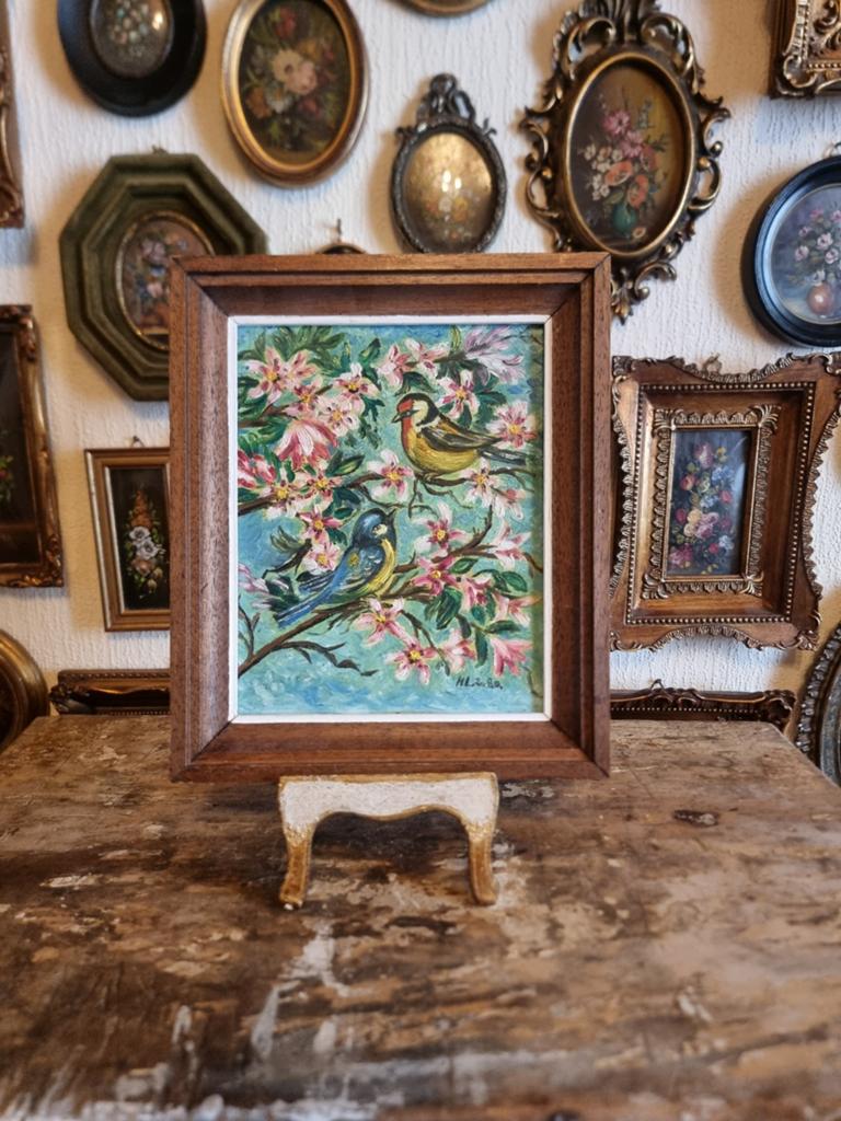 Oud schilderijtje lijstje handgeschilderd bloemen vogeltjes, Antiek en Kunst, Ophalen of Verzenden