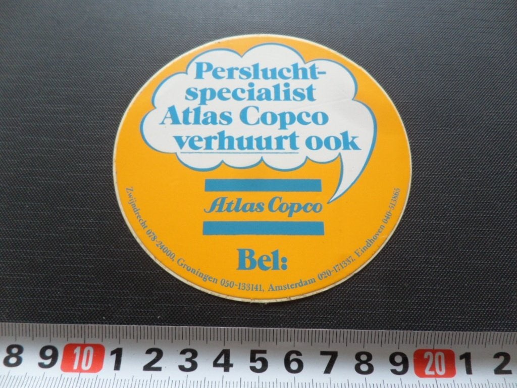sticker Persluchtspecialist ATLAS COPCO Groningen EHV Amster, Verzamelen, Ophalen of Verzenden, Zo goed als nieuw