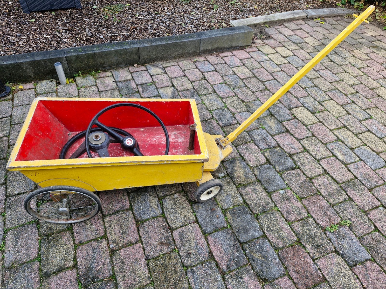Vintage houten bolderkar - Geel met rood, Ophalen, Gebruikt, Onbekend, Overige typen