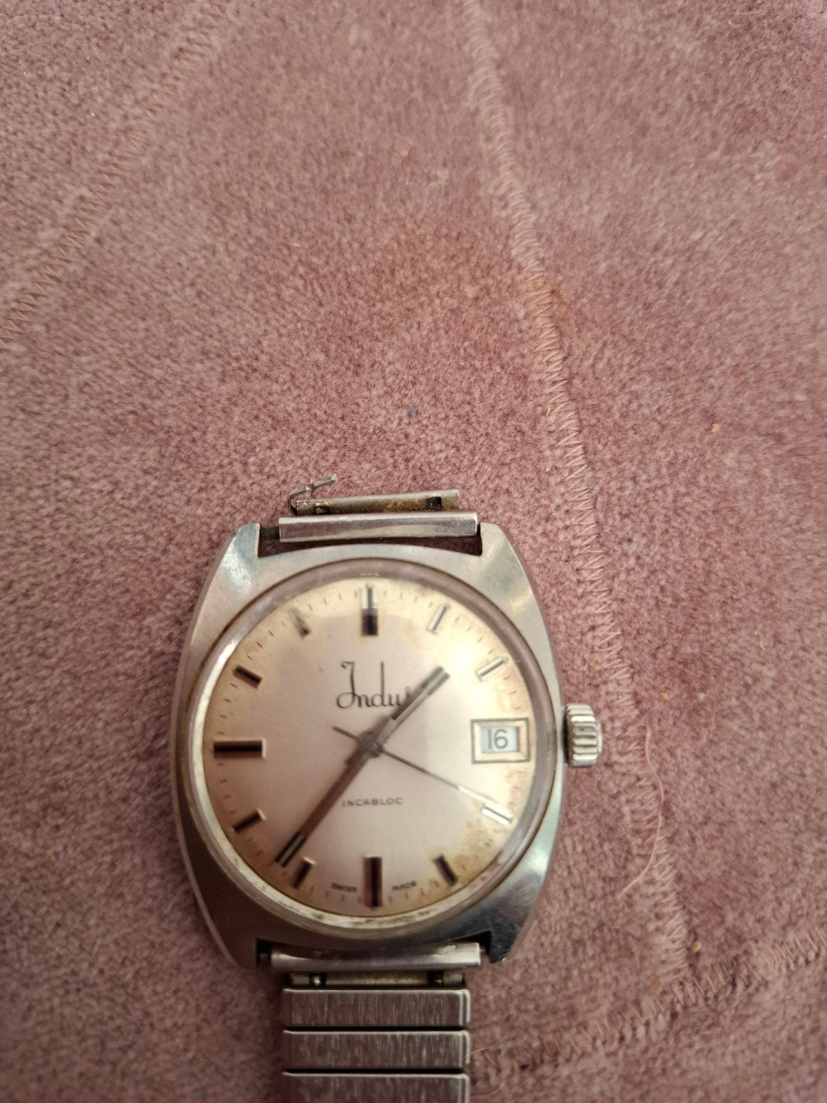 Indus vintage heren horloge, Ophalen of Verzenden, Staal, Leer, Overige merken