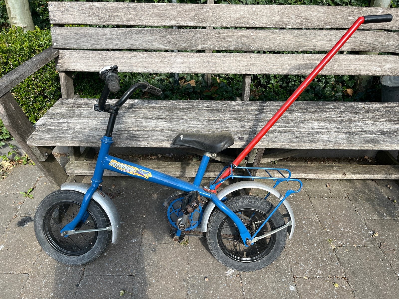 Kinderfietsje met duwstang - Blauw, Ophalen, Gebruikt, Terugtraprem, Minder dan 16 inch