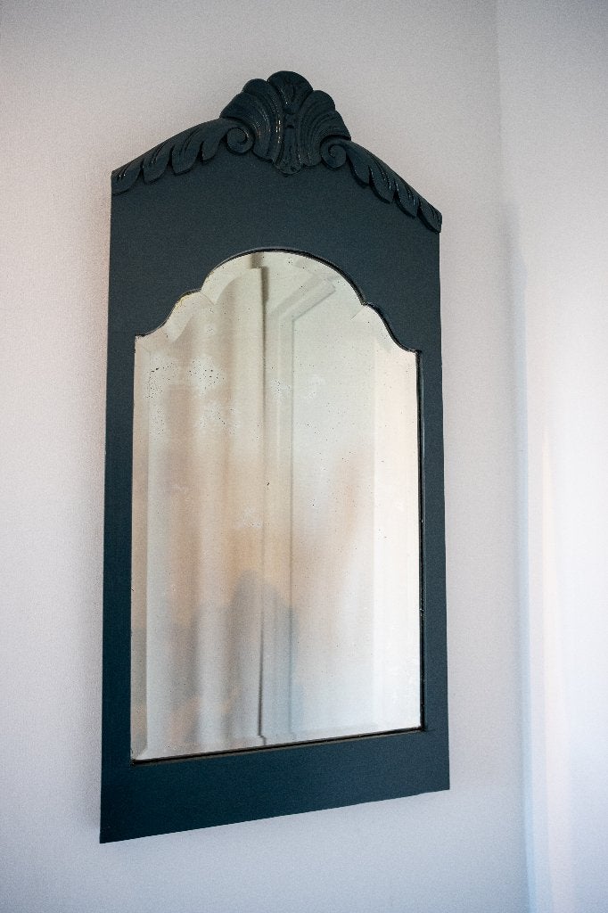 Antieke Wandspiegel met Houten Frame - Donkerblauw, Antiek en Kunst, Ophalen, Overige vormen, Minder dan 50 cm, Minder dan 100 cm