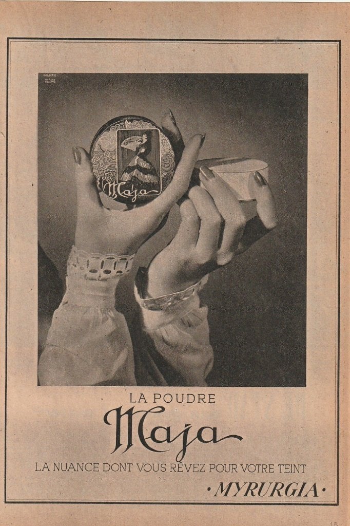 Retro reclame 1950 Myrurgia Maja handen met poederblik, Verzenden, Overige typen