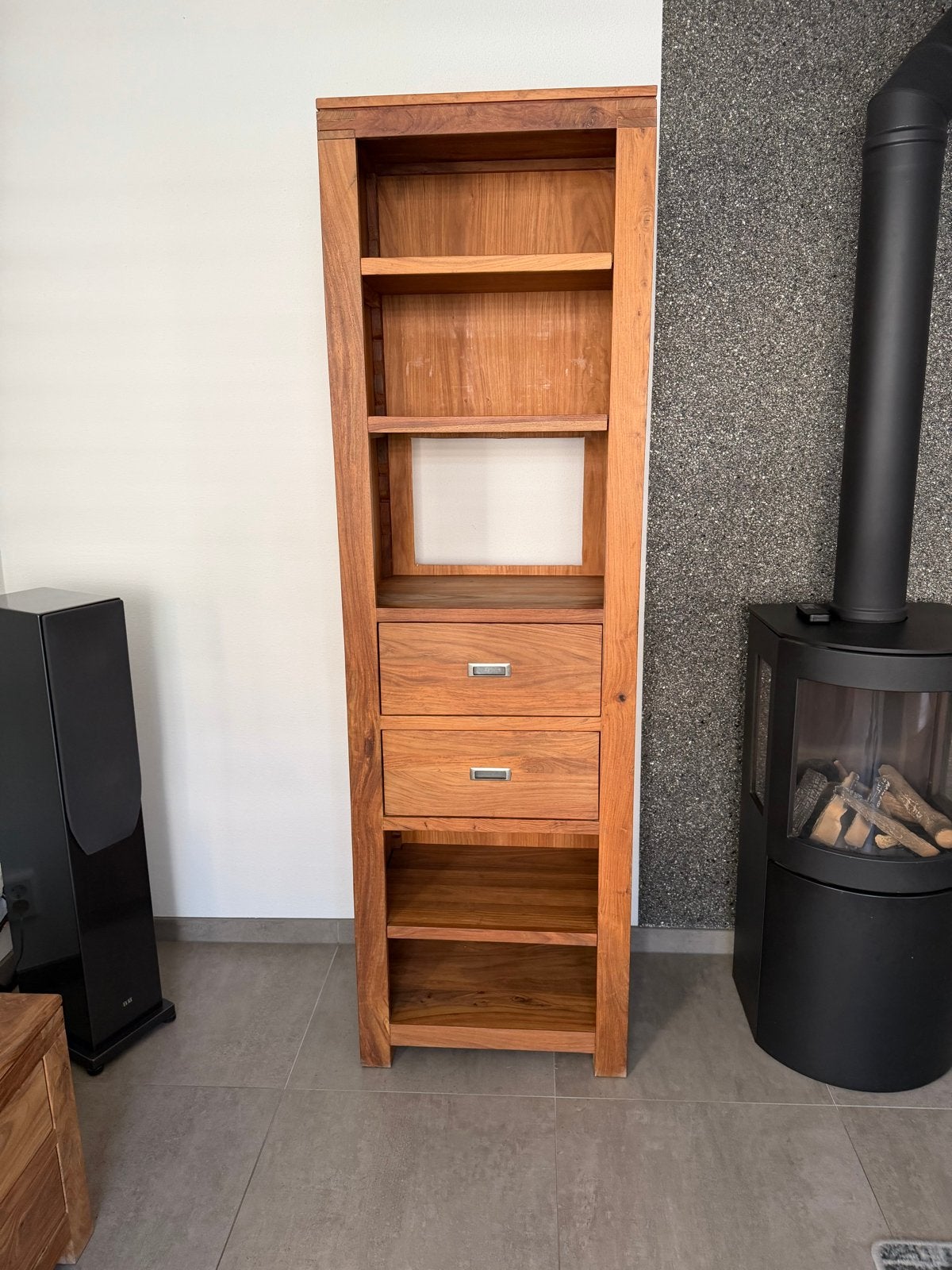Massief teakhouten boekenkast met lades en planken, Ophalen, Minder dan 50 cm, 200 cm of meer, Zo goed als nieuw