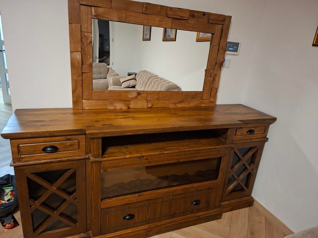 Houten Dressoir met Spiegel en Elektrische Haard, Ophalen, 100 tot 150 cm, 125 cm of meer, Zo goed als nieuw