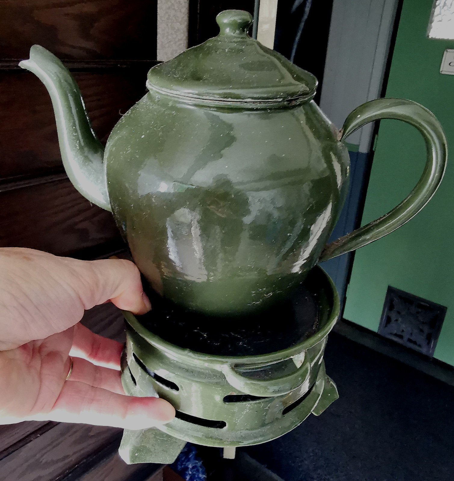 Vintage Groene Emaille Theepot met Rechaud, Antiek en Kunst, Ophalen
