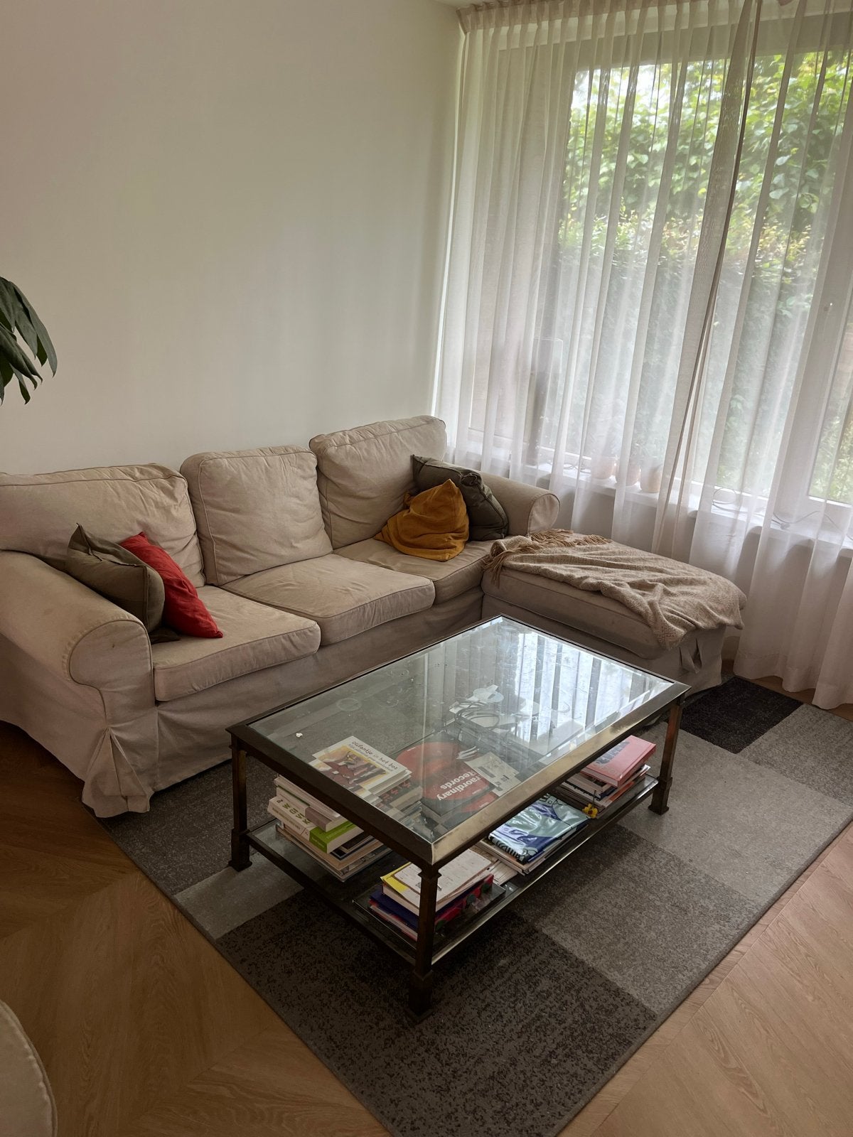 IKEA Ektorp 3-zitsbank beige met poef, wasbare hoezen, Ophalen, Gebruikt, Driepersoons, 75 tot 100 cm
