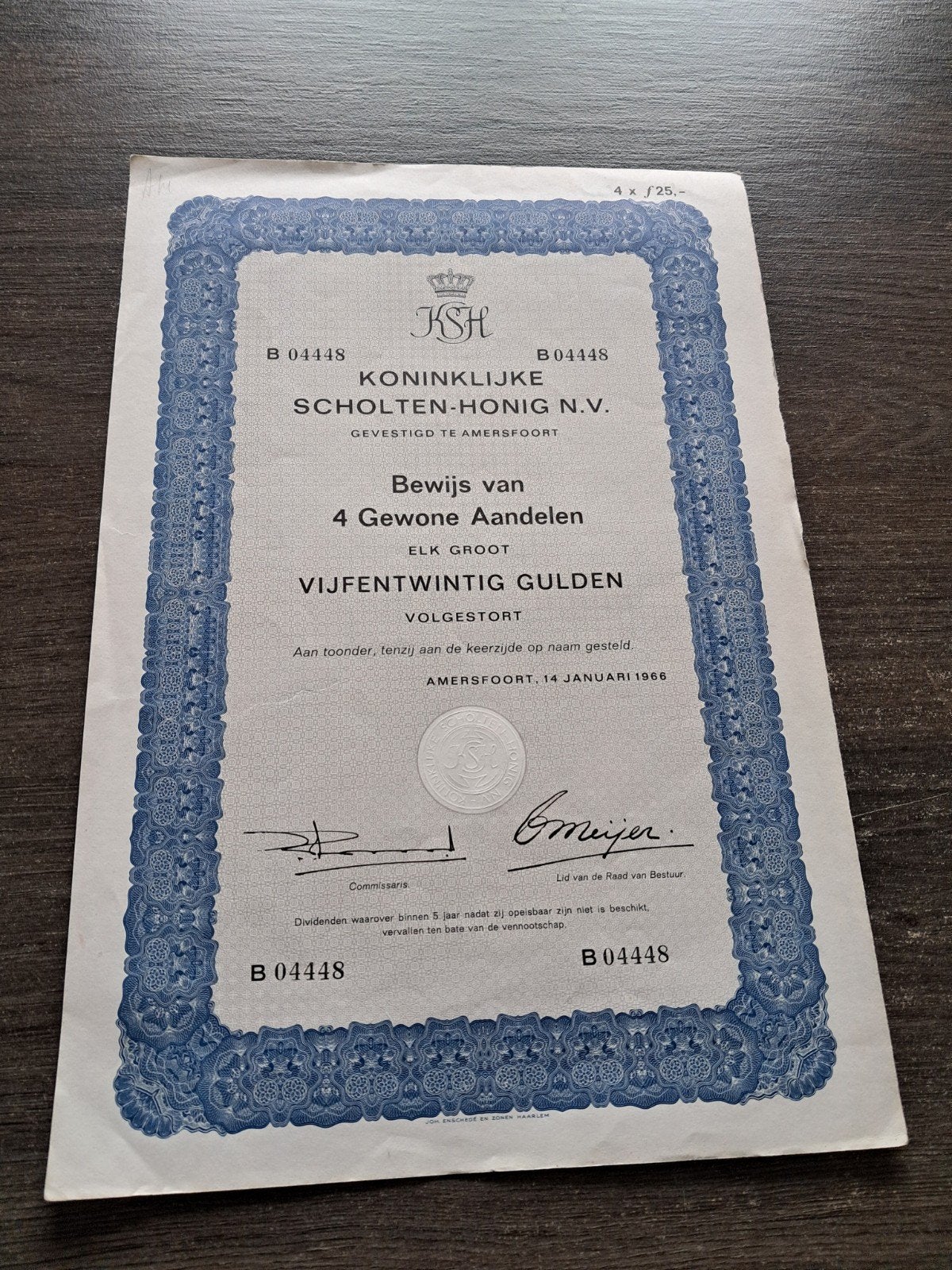 Aandeel Koninklijke Scholten-Honig N.V. (1966), Ophalen