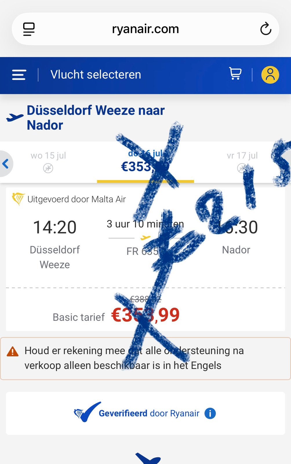 2x vliegticket (enkeltjes)16-7 Weeze—> Nador €215,-, Twee personen, Vliegtuig, Met bestemming of datum
