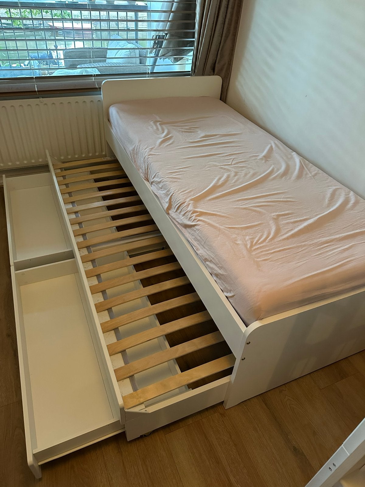Eenpersoonsbed met opberglades en lattenbodem, Huis en Inrichting, Slaapkamer | Bedden, Ophalen, Gebruikt, 90 cm, Eenpersoons