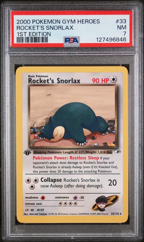 Rocket's Snorlax 1st edition PSA 7 - Gym Heroes - Pokemon, Ophalen of Verzenden, Zo goed als nieuw