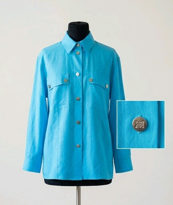 Prachtige Escada Sport linnen dames turquoise blouse 42, Escada Sport, Ophalen of Verzenden, Zo goed als nieuw, Blauw