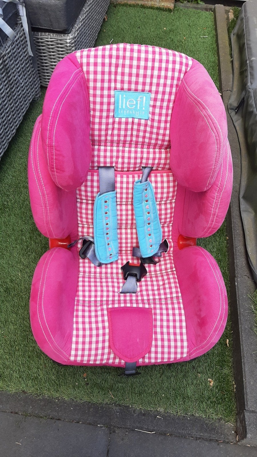 LIEF! Autostoel - Roze geruit, Kinderen en Baby's, Overige merken, 9 t/m 36 kg, Gebruikt, Autogordel