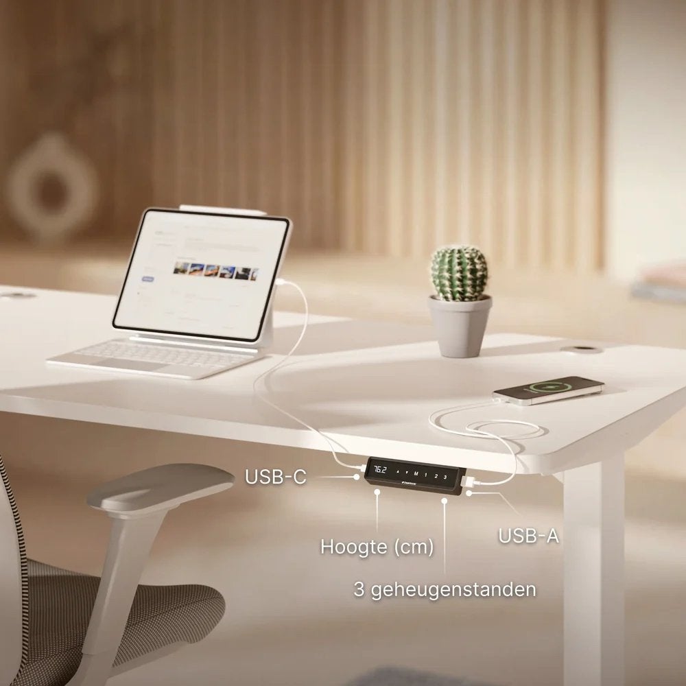 Foto 10 van Desktonic Zit-sta Bureau - Wit, Elektrisch Verstelbaar