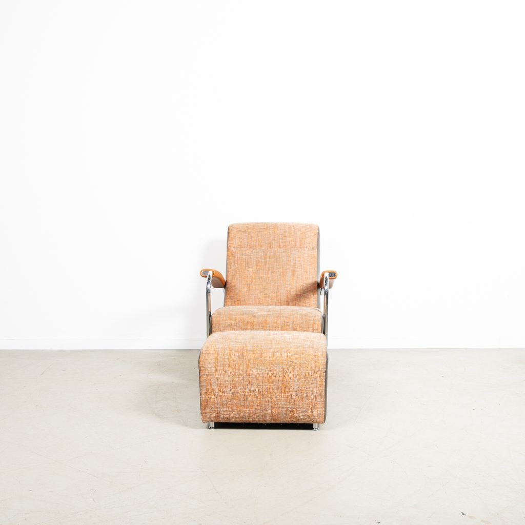 Leolux Scylla Hoog Fauteuil Oranje/Grijs Stof/Leer + Hocker, Niet ingevuld, Zo goed als nieuw, Niet ingevuld, Niet ingevuld