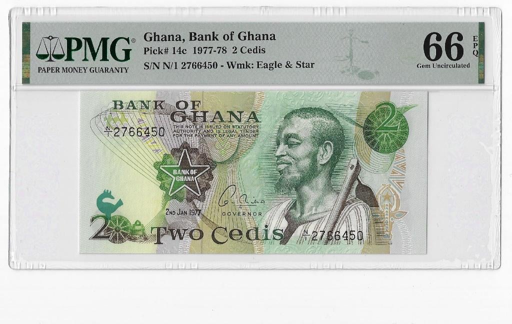 Ghana 2 Cedi 1977 Unc PMG 66 EPQ, Ophalen of Verzenden, Overige landen, Los biljet