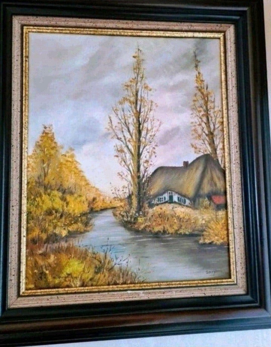 Mooi schilderij van een landschap met een rivier, bomen, Ophalen of Verzenden