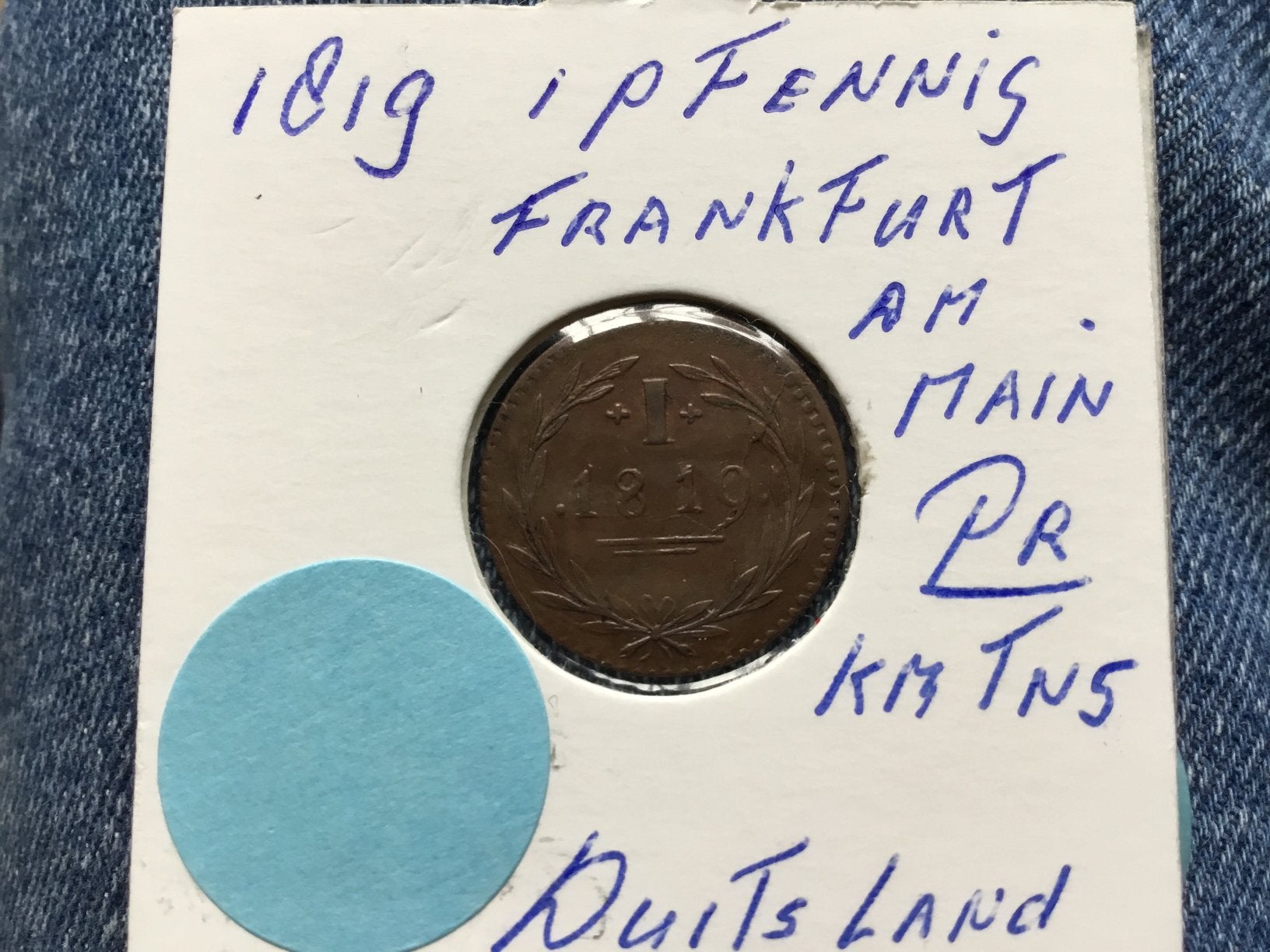 Munt 1819 1 pfenning Frankfurt Duitsland pr+ bodemvondsten, Ophalen of Verzenden, Duitsland