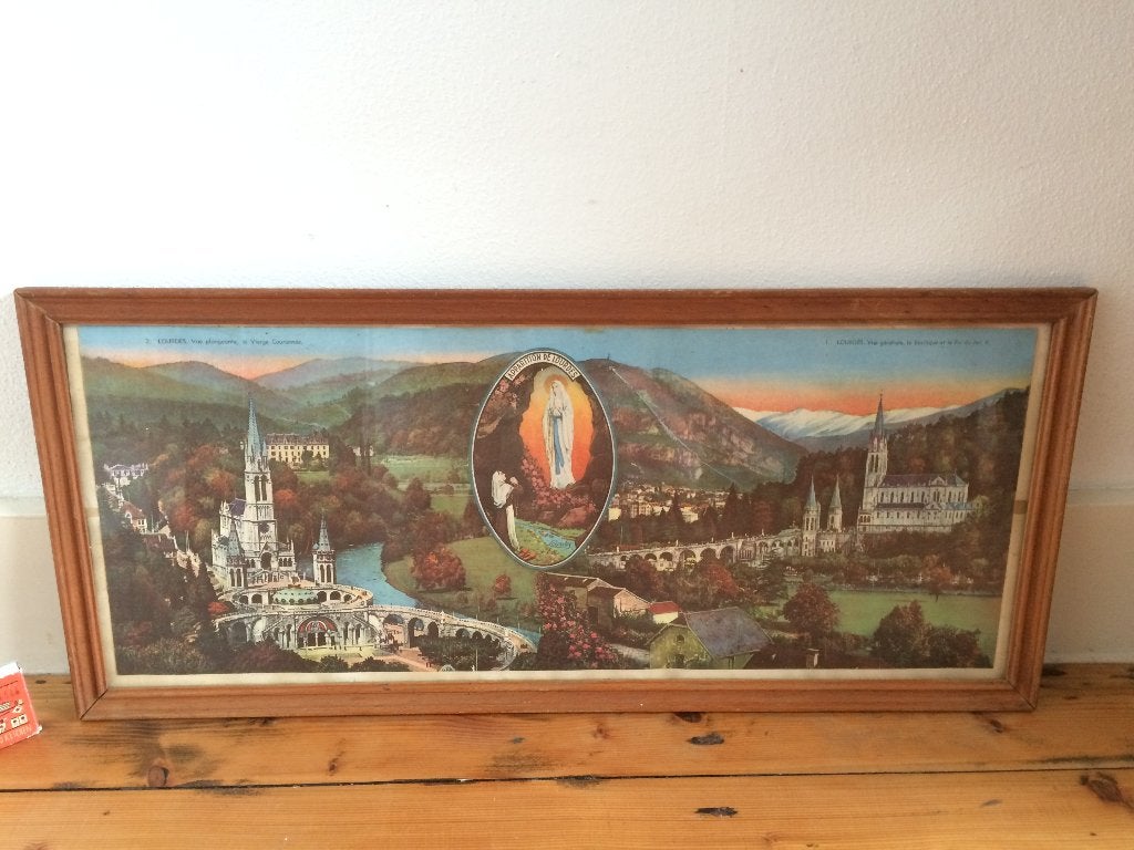 Lourdes ingekleurde foto ingelijst schilderij Maria jaren 60, Ophalen of Verzenden, Zo goed als nieuw, Foto of Poster, 5 – 50