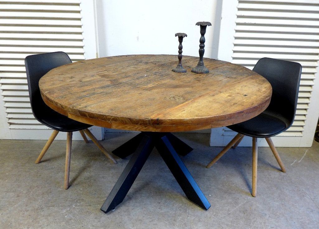 Prachtige zwarte  ronde ruige eiken eettafel 132 cm, Ophalen, 100 tot 150 cm, Onbekend, 50 tot 100 cm