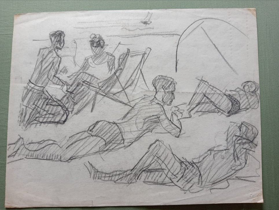 Jan Visser tekening Strand jaren 40-50, Antiek en Kunst, Kunst | Tekeningen en Foto's, Ophalen of Verzenden