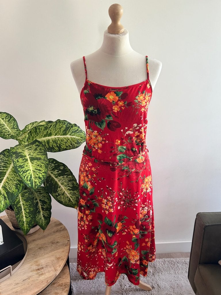 King Louie maat L rode bloemen zomer jurk 3331, Kleding | Dames, Maat 42/44 (L), Ophalen of Verzenden, Zo goed als nieuw, Knielengte
