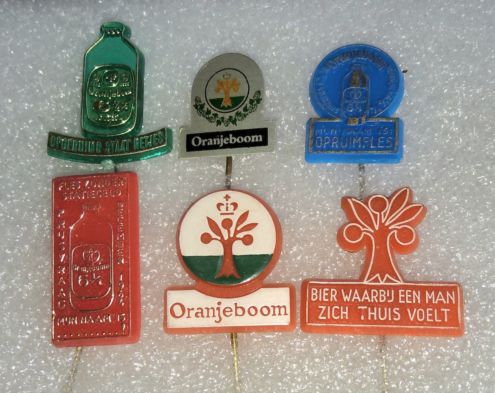 6 Vintage Oranjeboom Bier Speldjes - Verzameling, Verzamelen, Ophalen of Verzenden, Gebruikt, Merk, Speldje of Pin
