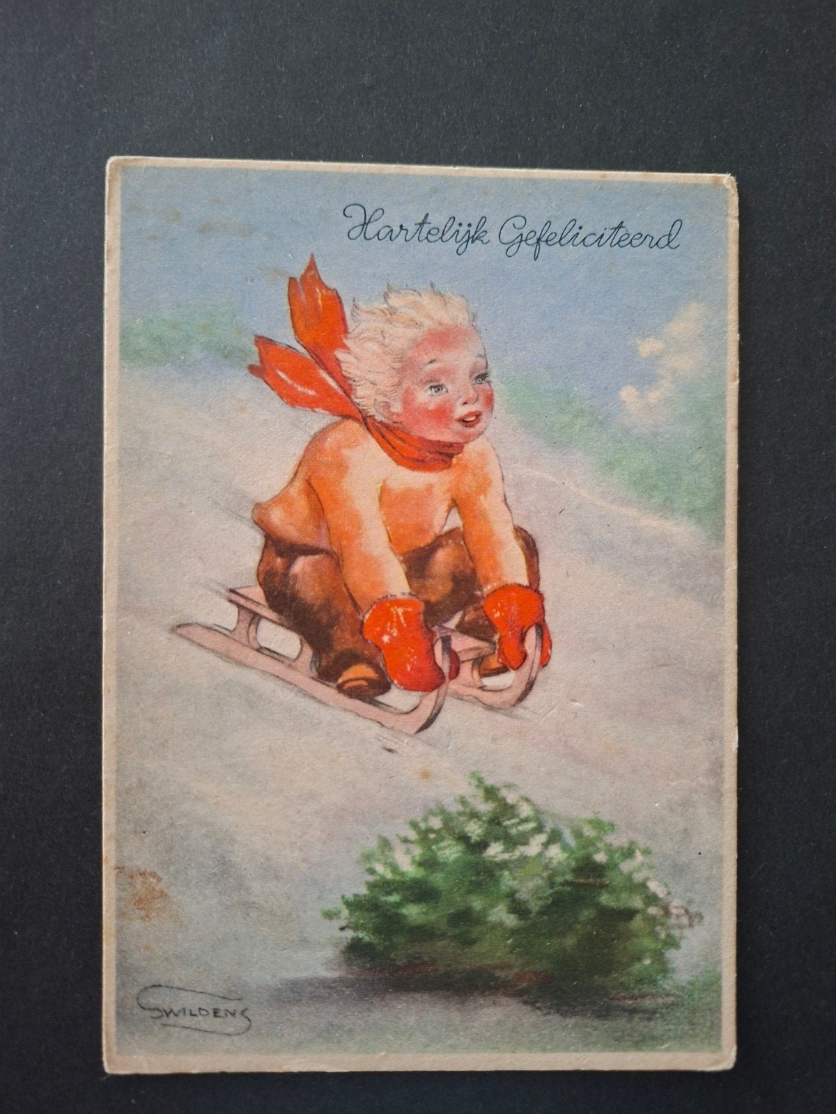 Swildens, Jongen op de slee snel naar beneden, Verzenden, 1940 tot 1960, Ongelopen, Overige thema's