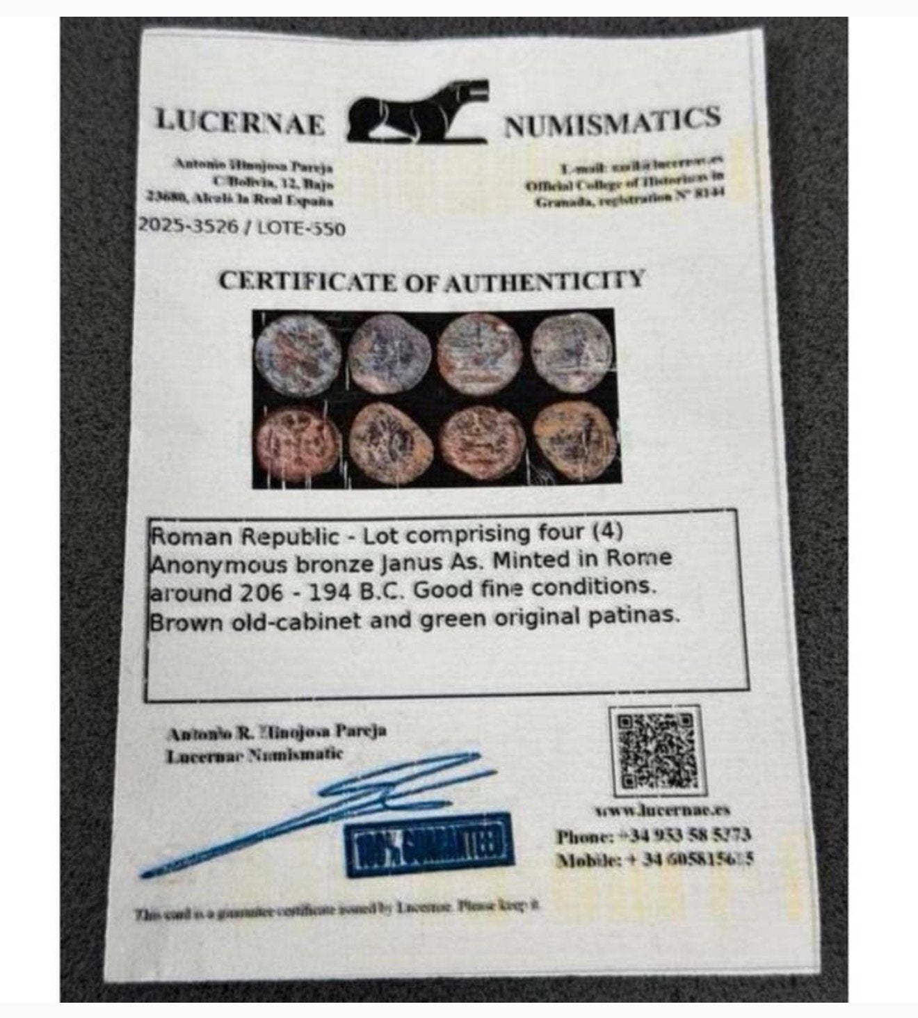 Romeinse coins 4x Janus As Munten 206-194 BC + certificaat, Ophalen of Verzenden