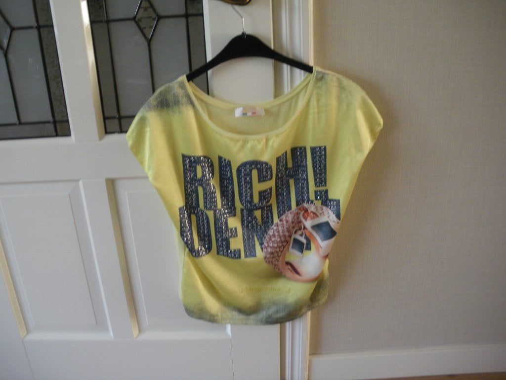 mooi geel zomer shirt met glitter print merk Richie mt 38/40, Ophalen of Verzenden, Zo goed als nieuw, Maat 38/40 (M), Geel